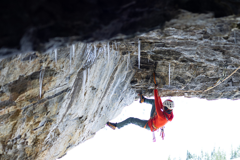 Tanja Schmitt climbing Phyllis Driller in the Killer Cave at Stanley Headwall