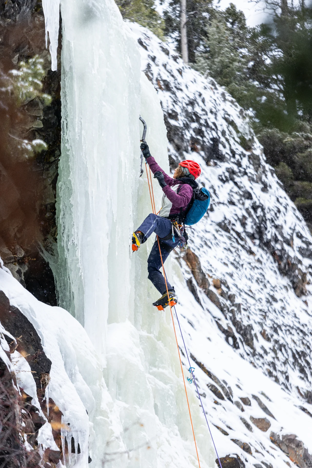 A climber in purple reaches up an ice column beside a snow-covered rock wall.
