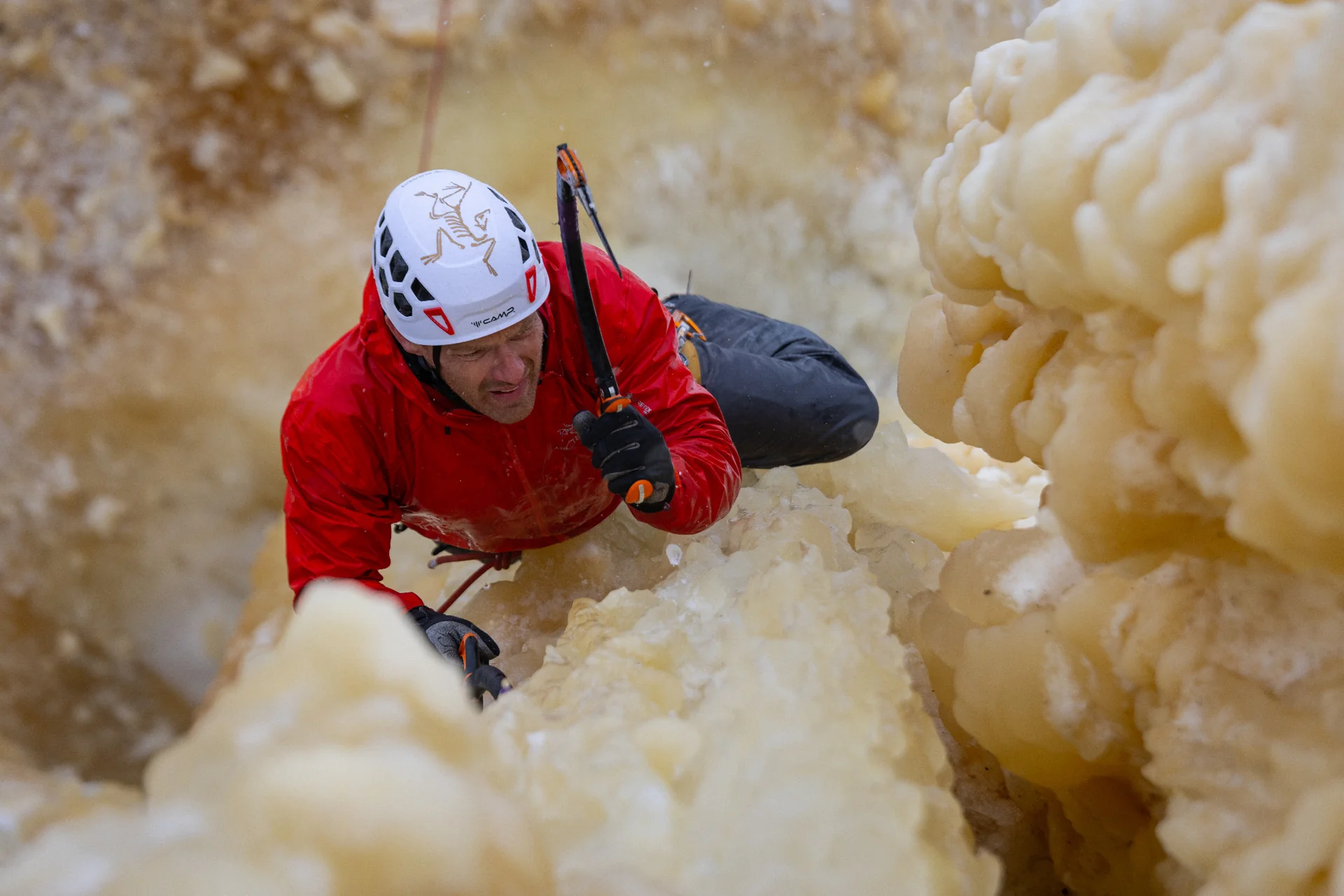 Jesse Huey moving through sculpted ice on Resurrection.